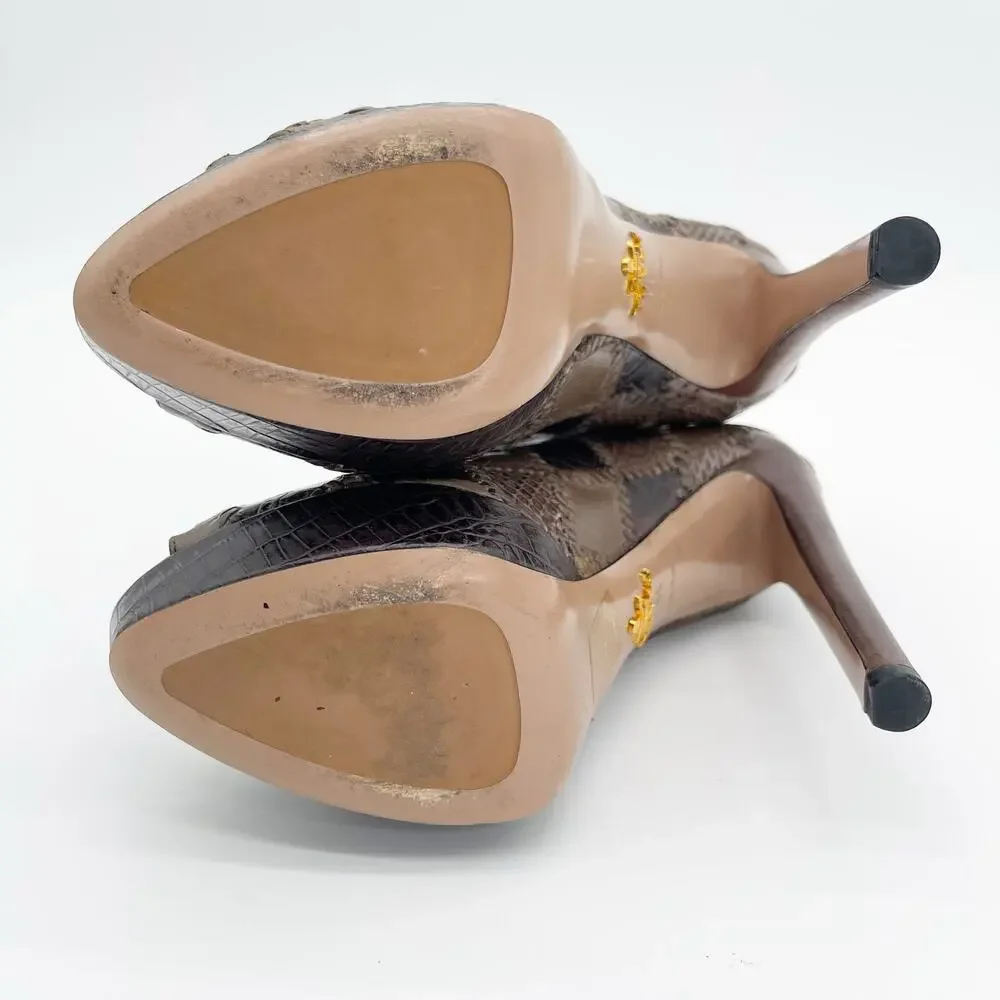 Prada Taupe Brown Mixed Croc Snakeskin Embossed Patchwork Peep Toe Booties IT 38